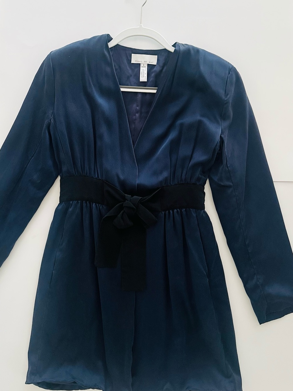 Fleur du Mal Silk Navy SILK dress with Black Waist Tie, size 6 (small)